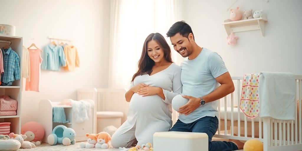 Schwangere Eltern bereiten das Kinderzimmer vor.