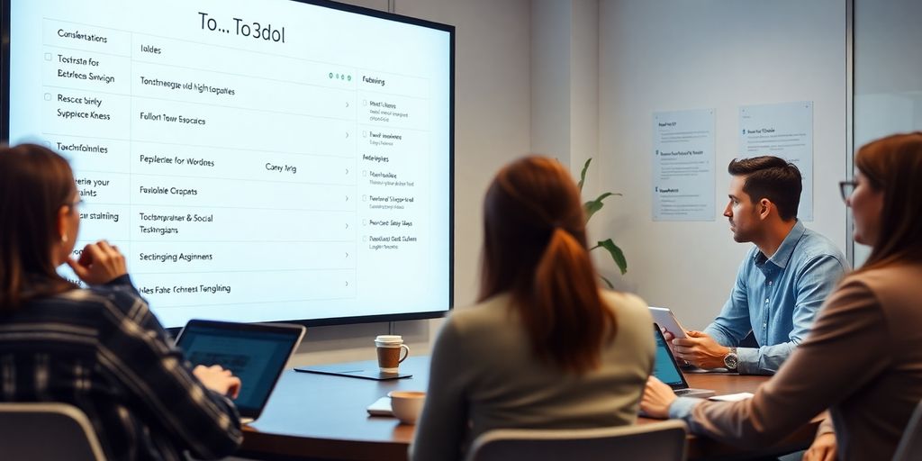 Teammitglieder arbeiten zusammen an einer digitalen To-Do-Liste.