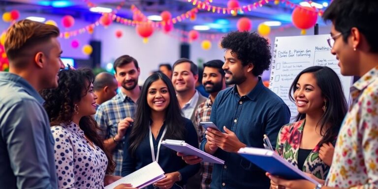 Bunte Veranstaltung mit Menschen, Checkliste und Dekoration.