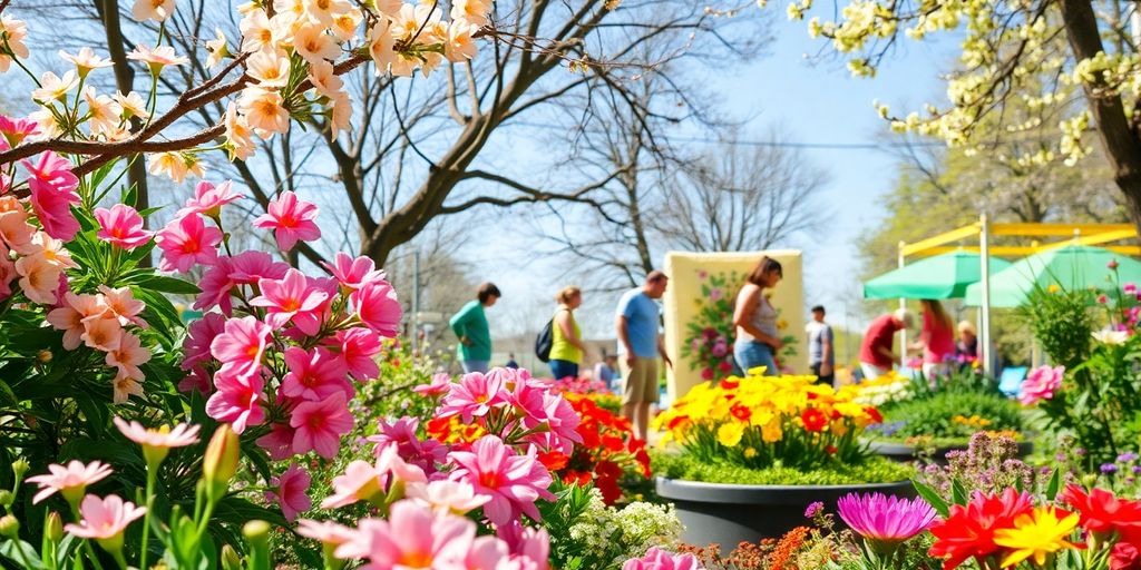 Frühling mit Blumen, grüner Natur und aktiven Menschen.