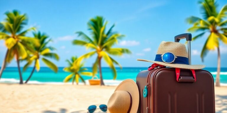 Strand mit Koffer und Sonnenhut im Sommer.