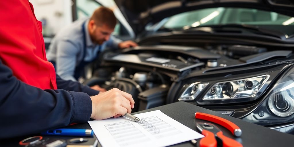 Mechaniker prüft Gebrauchtwagen auf Zustand und Qualität.