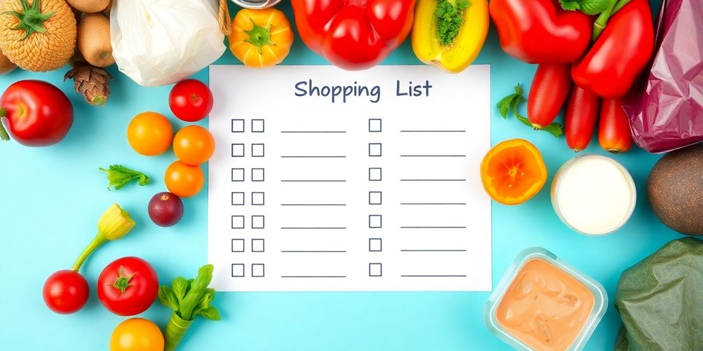 Einkaufsliste mit bunten Lebensmitteln und leeren Kästchen.
