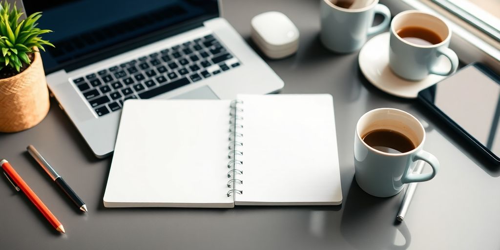 Schreibtisch mit Laptop und Notizbuch für produktives Arbeiten.