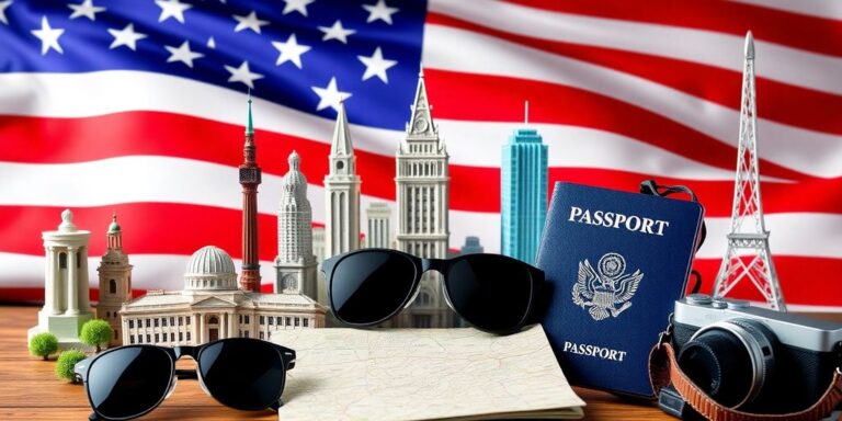 Reiseutensilien und amerikanische Wahrzeichen auf einem Tisch.