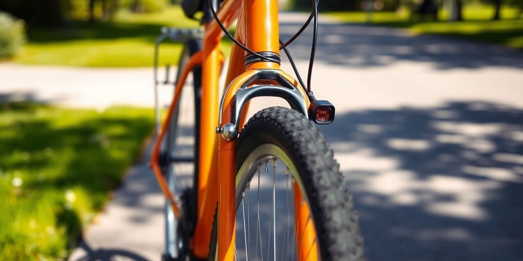 Nahaufnahme eines verkehrssicheren Fahrrads auf einem Weg.