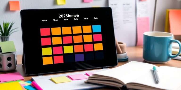 Bunte Notizen und ein Kalendertisch für 2025.