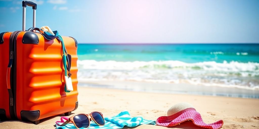 Strand mit Koffer und Reiseutensilien für den Urlaub.