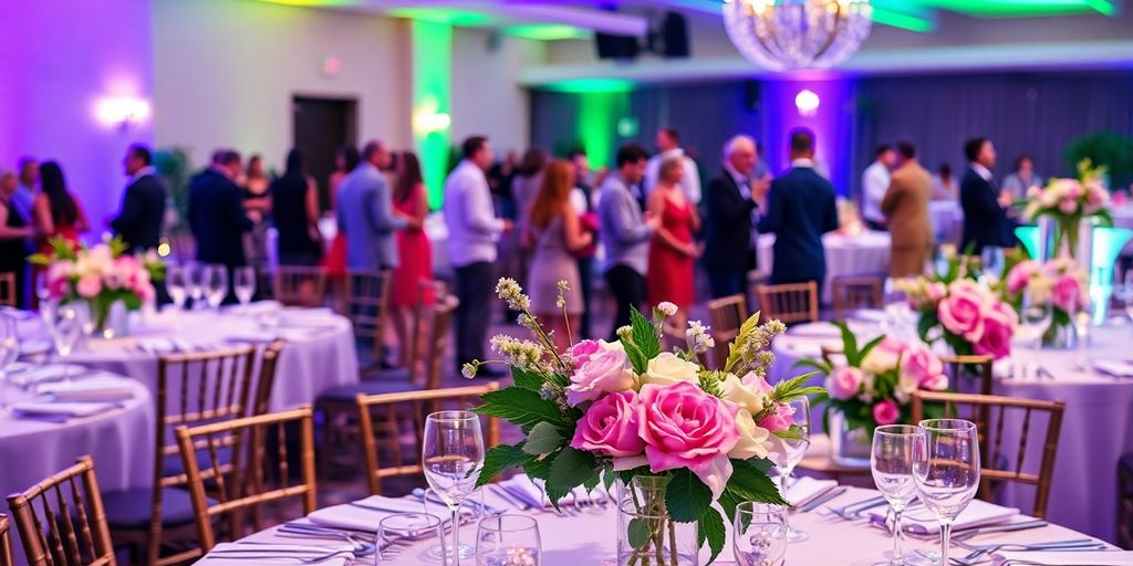 Veranstaltung mit gedecktem Tisch und frischen Blumen.