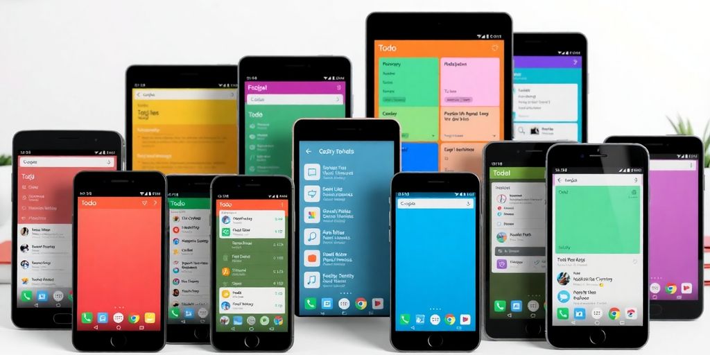 Bunte Android-Displays mit verschiedenen Todo-Apps auf einem Tisch.