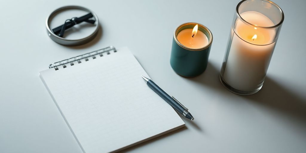 Arbeitsplatz mit Notizbuch und Kerze in sanftem Licht.