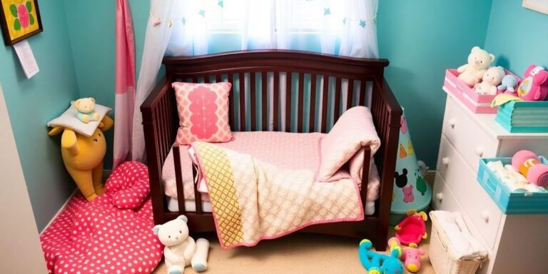 Ein gemütliches Kinderzimmer mit Babybett und Spielzeug.