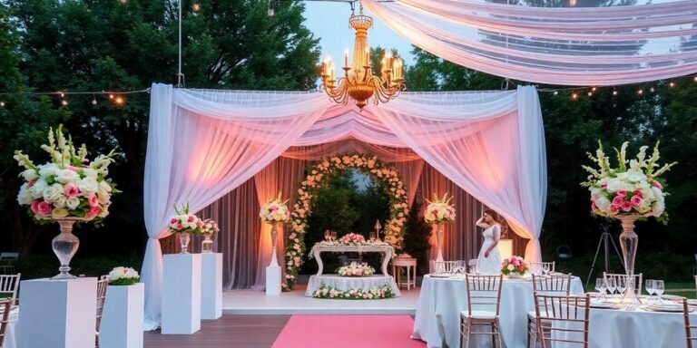 Hochzeitslocation mit Blumen und festlich gedecktem Tisch.