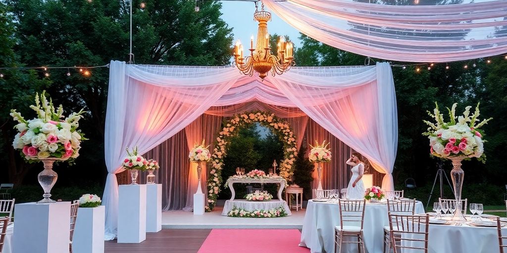 Hochzeitslocation mit Blumen und festlich gedecktem Tisch.