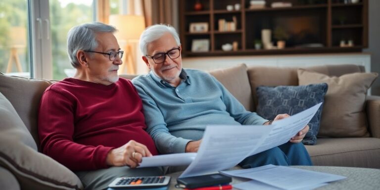 Rentnerpaar mit Dokumenten in einem gemütlichen Raum.