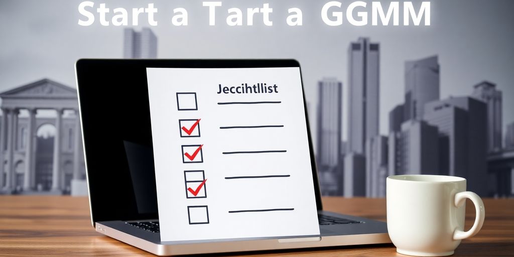 Prüfliste mit Häkchen, Laptop und Kaffeetasse.