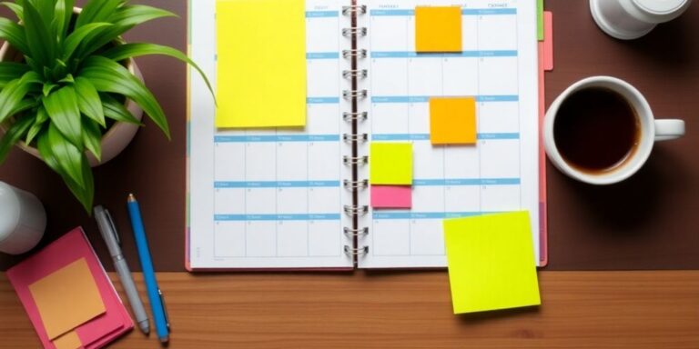 Ein organisierter Schreibtisch mit Planer und Notizen.