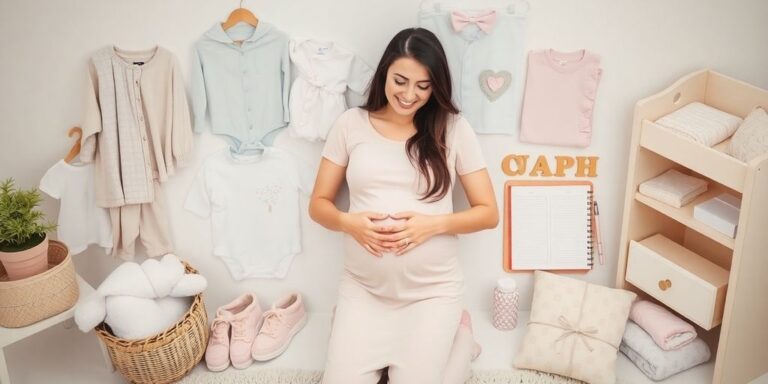 Schwangere Frau mit Babyartikeln und Planer.