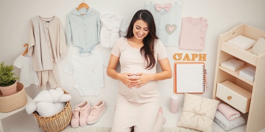 Schwangere Frau mit Babyartikeln und Planer.