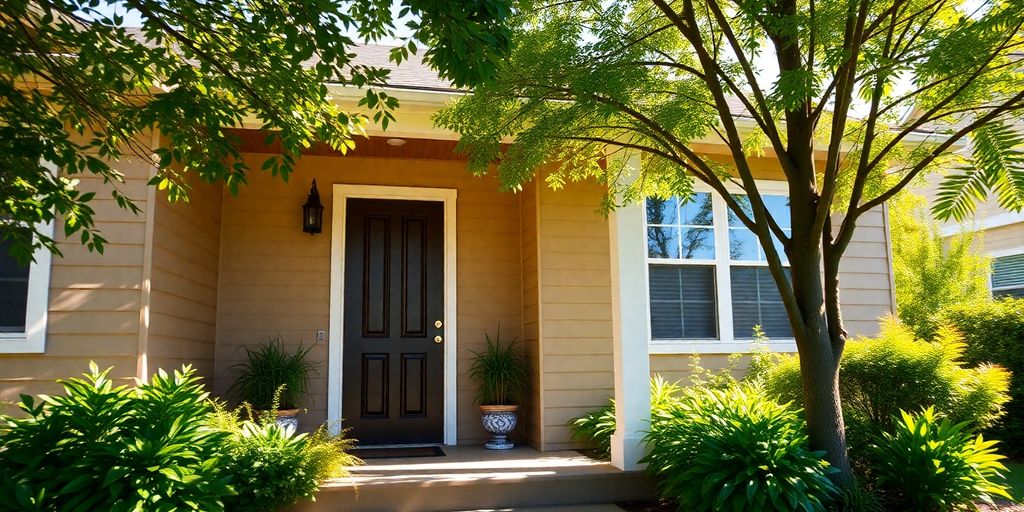 Einladende Haustür mit grünem Garten und klarem Himmel.