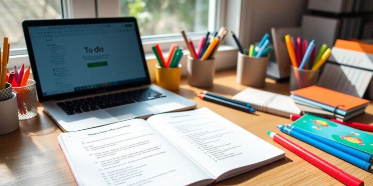 Kreativer Arbeitsplatz mit Laptop und Notizbuch.