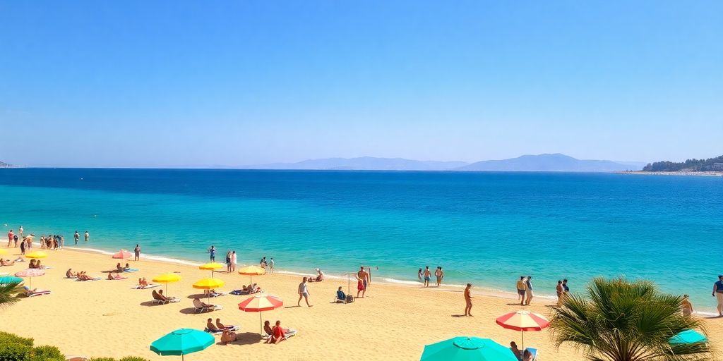Strand in der Türkei mit Sonnenschirmen und Touristen.