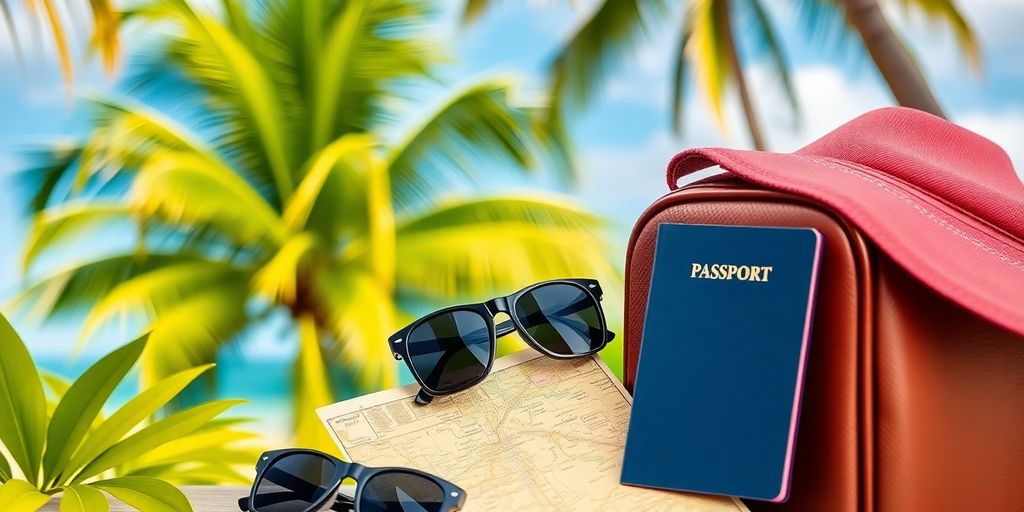 Reiseutensilien auf einem Tisch, bereit für den Urlaub.