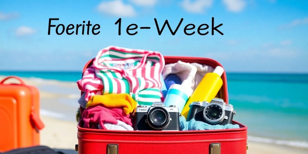 Bunte Reisetasche mit Urlaubselementen am Strand.