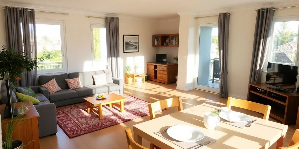 Gemütliche Ferienwohnung mit einladender Einrichtung und Licht.