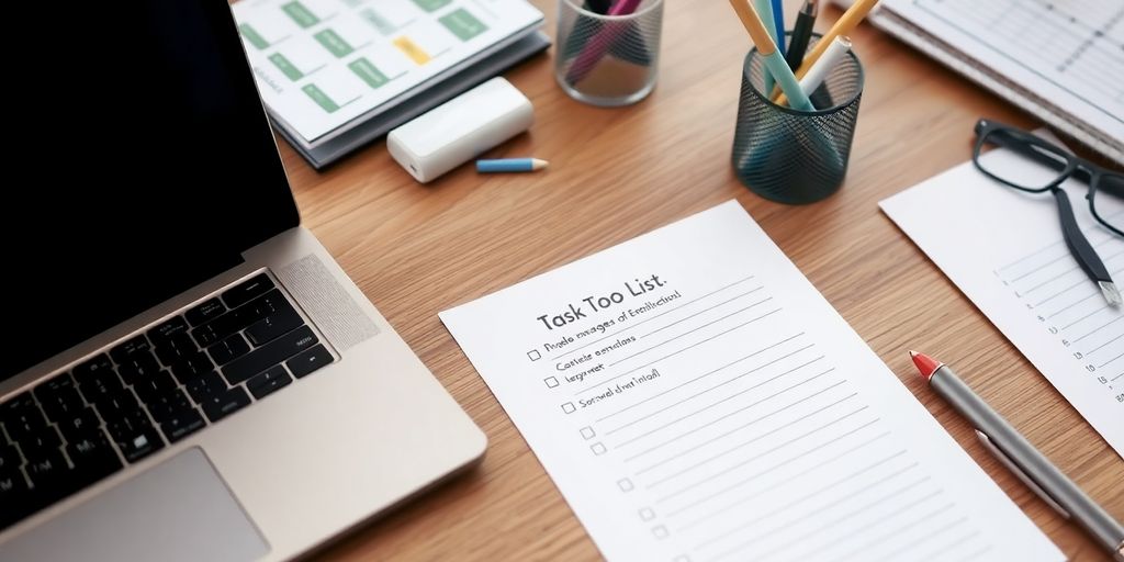 Ein organisierter Arbeitsplatz mit To-Do-Liste und Laptop.