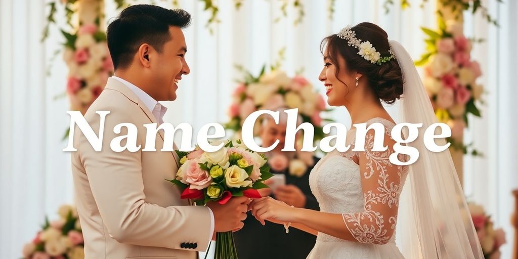 Brautpaar beim Austausch von Eheversprechen in floraler Umgebung.