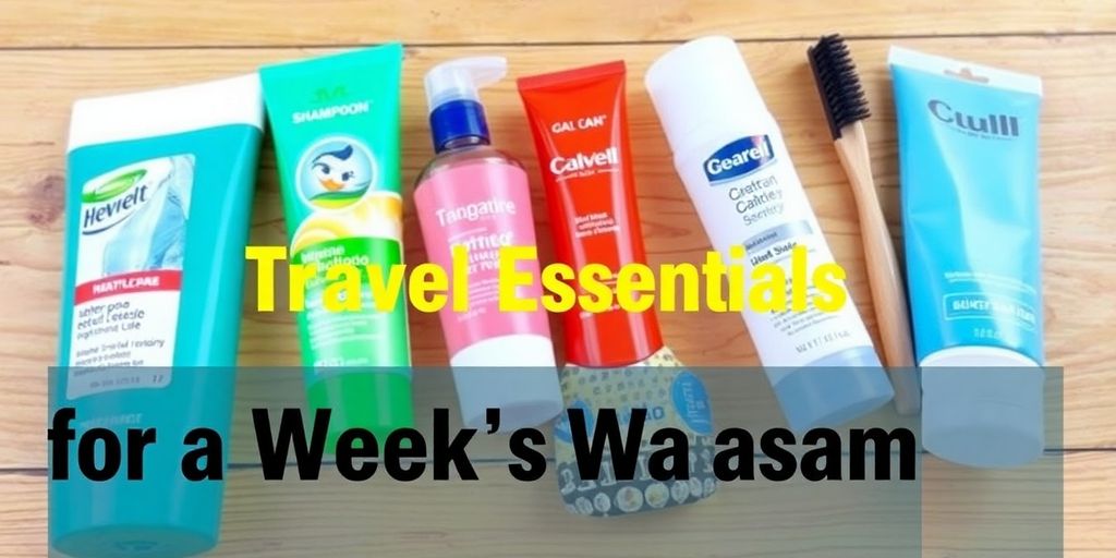 Reise-Hygieneartikel und Kosmetik für eine Woche Urlaub.