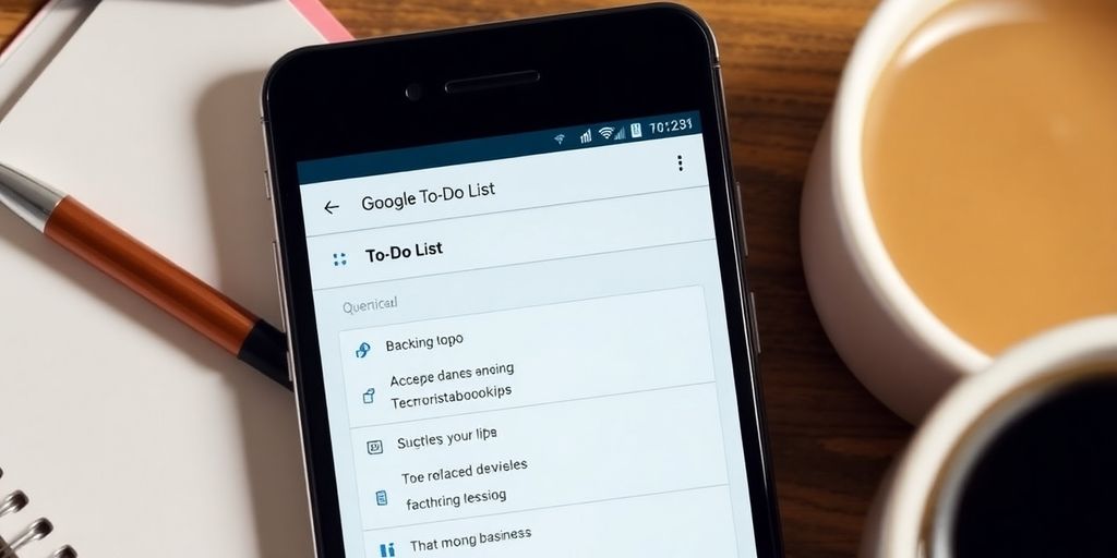 Smartphone mit Google To-Do Liste in einem Arbeitsbereich