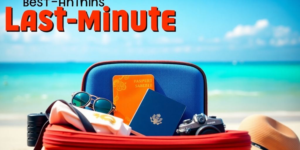 Koffer mit Reiseutensilien vor einem sonnigen Strand.