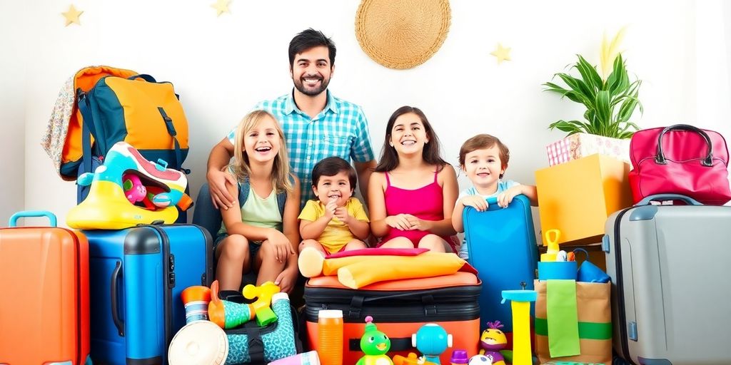 Familie packt fröhlich für den Urlaub mit Kindern.