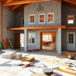 Fertiges Haus im Bau mit Materialien und Werkzeugen.