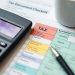 Nahaufnahme einer Steuererklärungs-Checkliste mit Dokumenten.