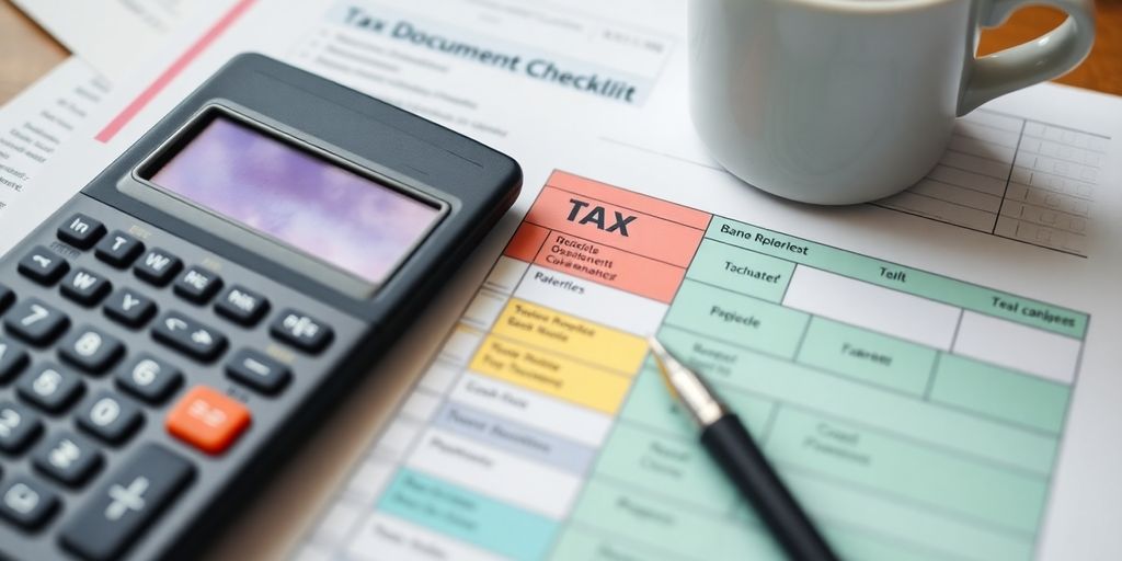 Nahaufnahme einer Steuererklärungs-Checkliste mit Dokumenten.