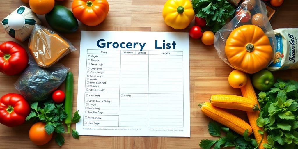 Farbige Einkaufsliste umgeben von frischen Lebensmitteln.