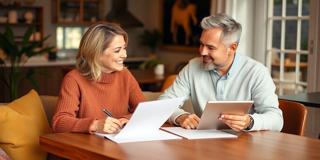 Ein glückliches Paar arbeitet gemeinsam an einer Aufgabenliste.