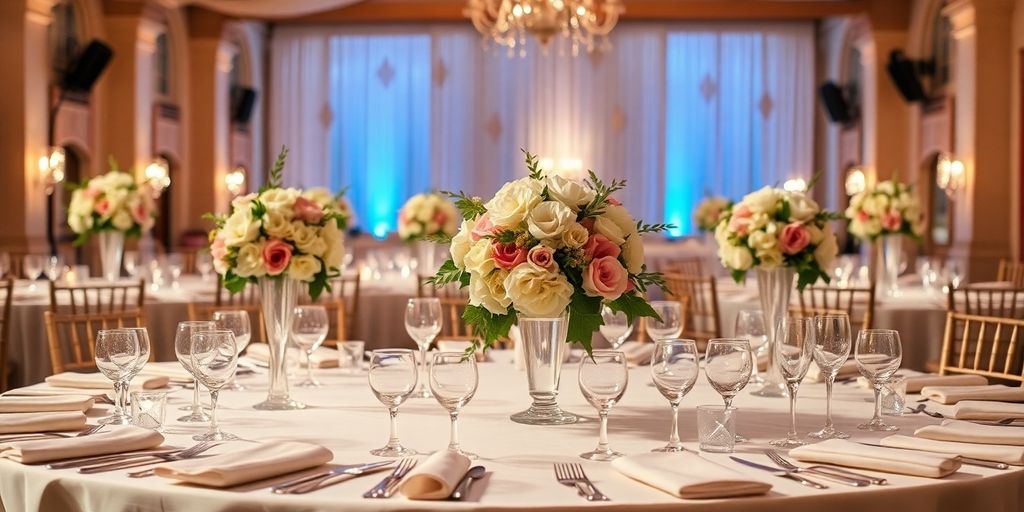 Hochzeitsfeier mit eleganter Tischdekoration und Blumen.