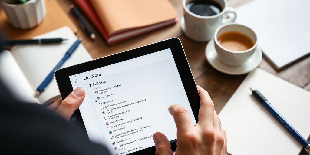 Person nutzt OneNote mit To Do Liste auf Tablet.