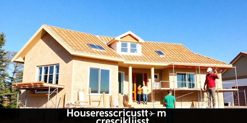 Haus im Bau mit Bauwerkzeugen und Handwerkern.