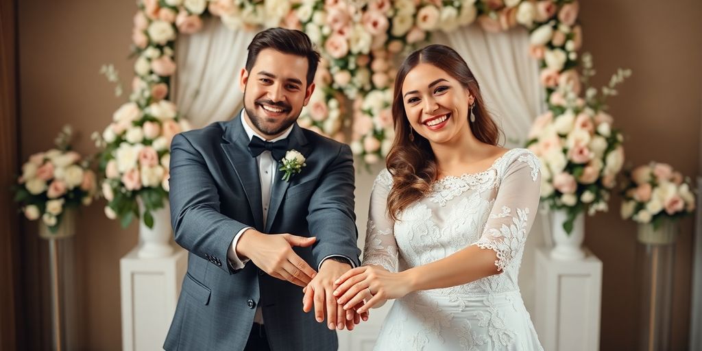 Glückliches Paar mit Eheringen und Hochzeitsdekoration.