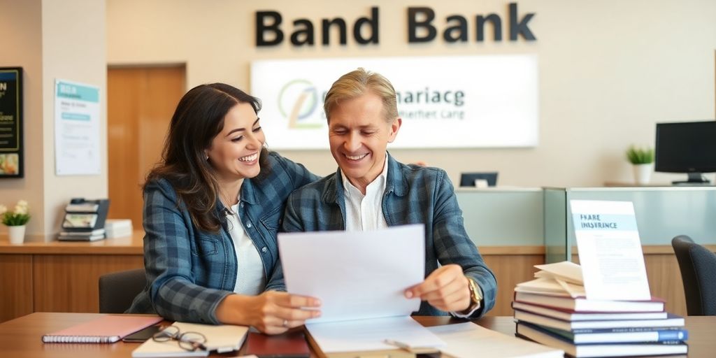 Paar überprüft Dokumente bei der Bank nach der Hochzeit.