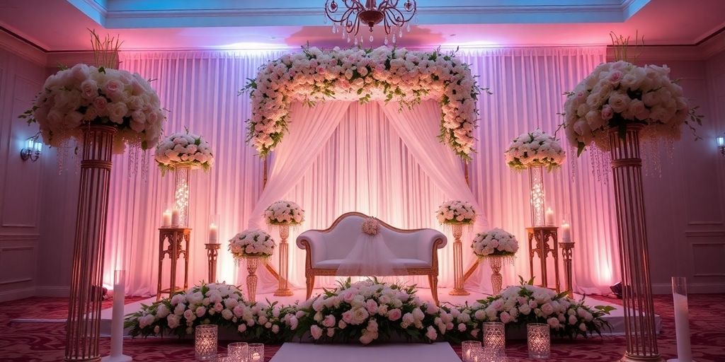 Elegante Hochzeitsdekoration mit Blumen und romantischem Ambiente.