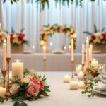Hochzeitsdekoration mit Blumen und elegantem Tischgedeck.