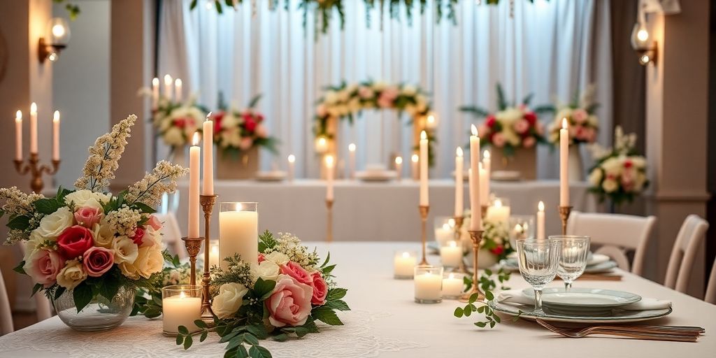 Hochzeitsdekoration mit Blumen und elegantem Tischgedeck.