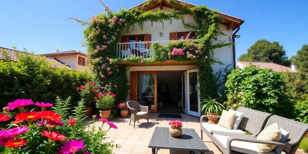 Gemütliche Ferienwohnung umgeben von Natur und Blumen.