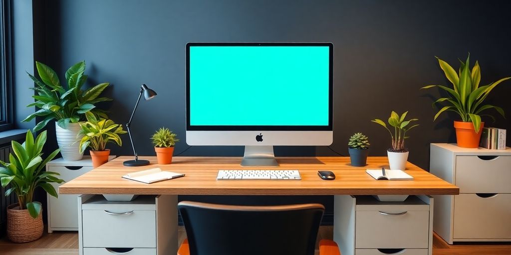 Moderne Büroumgebung mit Schreibtisch und Computer.